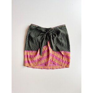 ZARA Green Pink Printed Beaded Front Tie Mini Pareo Sarong Skirt, Size L